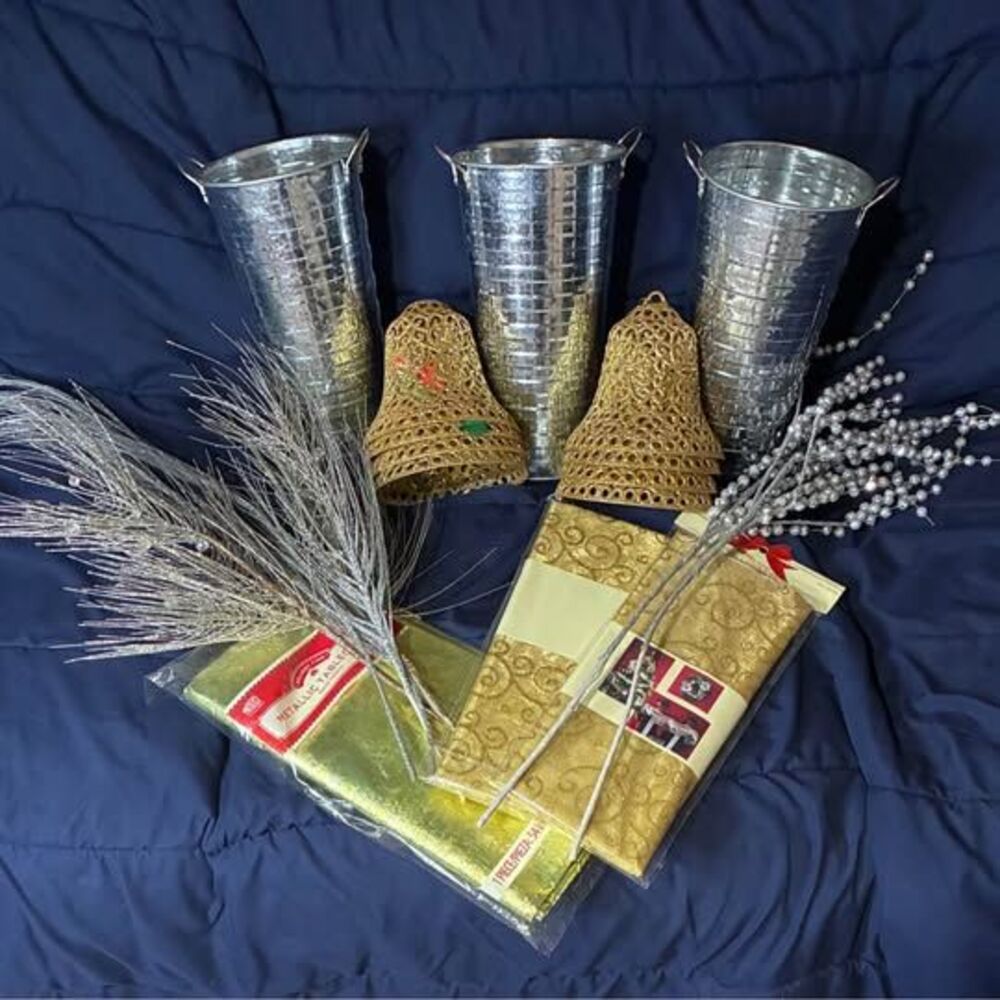 Silver & Gold Craft Lot - Vases Bells Glitter Sprays Tablecloths